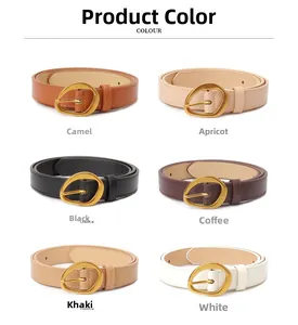 Vue détaillée des six options de couleurs de ceintures en cuir fin avec boucle dorée mate