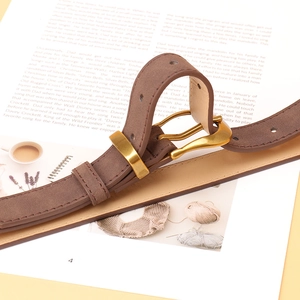 Vintage brown suede leather belt with matte gold buckle for women jeans and dresses