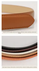 Detailed macro view of women's PU leather belt featuring smooth edge oiling and fine stitching