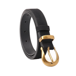 Women's vintage black suede belt with a golden horseshoe buckle for jeans