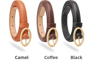 Detailed view of camel, coffee, and black leather belts with gold oval buckles