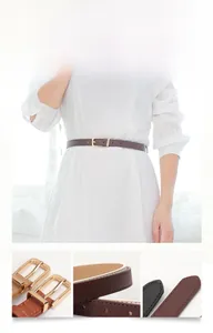 Detail of slim leather belt for women with elegant golden square metal pin buckle