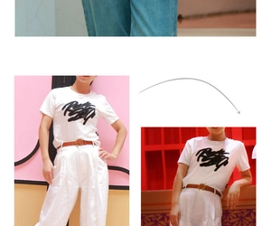 Détail d'une ceinture en cuir marron vintage avec un t-shirt blanc et un pantalon décontracté