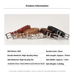 Detailed size specifications of the PU leather belt with square alloy buckle shown in five colors
