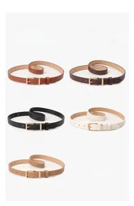 Slim minimalist women leather belt collection featuring golden buckles in five colors