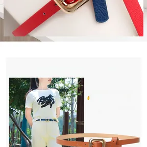 Detail of slim faux leather belts with square gold metal buckles in various colors
