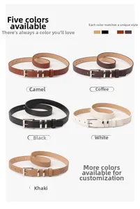 Detail view of five assorted women's slim faux leather belts with metallic buckle and loops