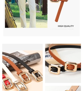 Detail view of slim leather belts with gold buckles in black brown white and red colors
