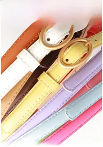 Selection of colorful slim leather belts with elegant golden oval metal buckles