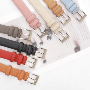 Set of eight colorful thin women belts with silver pin buckles for dresses and jeans