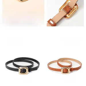 Detail view of stylish women skinny belts with gold square buckles in black and camel