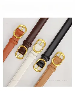 Detailed view of leather belts in five colors with golden oval pin buckles