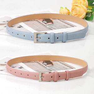 Sky blue and pale pink women's slim PU leather belts with silver pin buckles