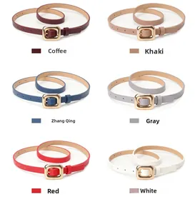 Showcase of minimalist women's skinny belts in six elegant colors with gold buckles
