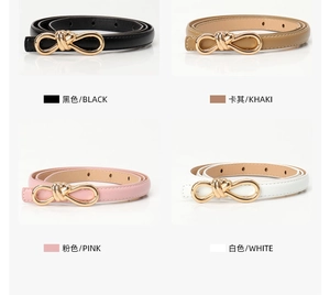 Slim women's belts with golden bow buckles in black, khaki, pink, and white options