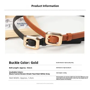 Detail view of thin 1.4cm PU leather women belts with golden square alloy buckle