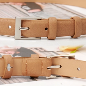 Classic light brown leather belt for women with elegant silver pin buckle and dual side detail