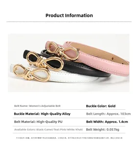 Detailed view of 1.4cm PU leather belts with gold bow buckles and product size specifications
