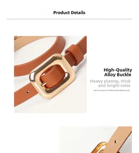 Detail of a brown leather belt with a polished gold square alloy buckle for women