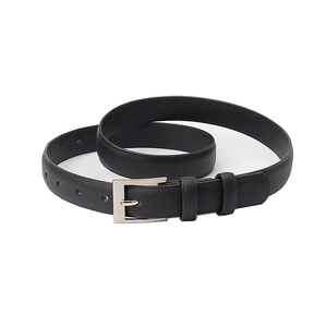 Classic black leather belt with silver rectangular buckle for casual and office wear
