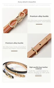 Close-up of golden bow-shaped zinc alloy buckle and premium PU leather belt texture