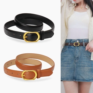 Women Minimalist Artificial Leather Belt With Matte Gold Oval Alloy Pin Buckle Solid Color Fashion Waistband For Jeans