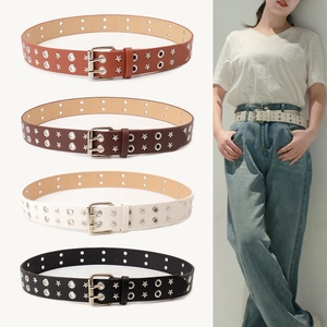 Cintura da Donna in Pelle PU Stile Punk Con Rivetti a Stella Occhielli a Doppia Fila e Fibbia a Doppio Ardiglione per Jeans