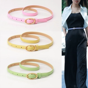 Slim candy color women belt with gold oval buckle for dresses and high waist pants