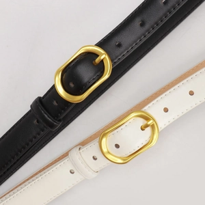 Minimalist black and white leather belts with oval gold metal buckles for women
