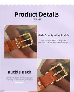 Détail de la boucle en alliage de zinc doré et de la ceinture en cuir marron pour femmes