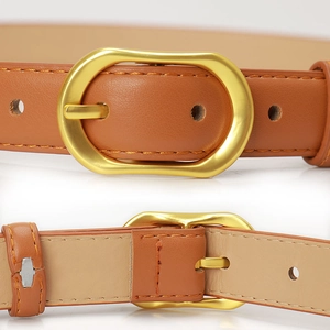 Classic brown leather belt for women featuring a stylish oval golden metal pin buckle