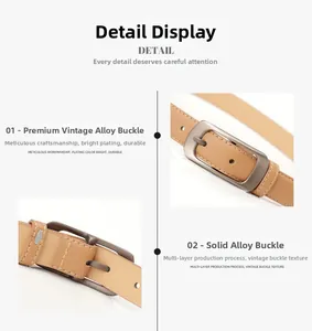 Détail d'une ceinture en cuir marron clair avec boucle en alliage vintage et coutures