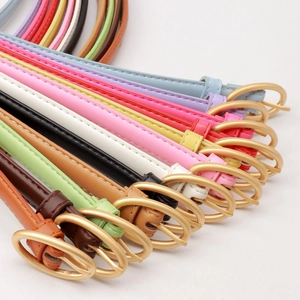 Colorful skinny leather belts with matte gold round buckles for women in various colors