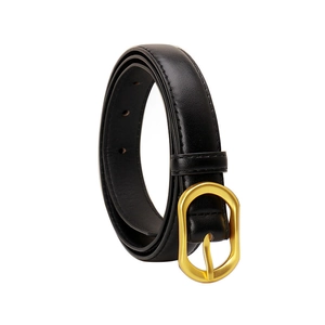 Minimalist black leather belt for women featuring a sleek golden oval buckle closure