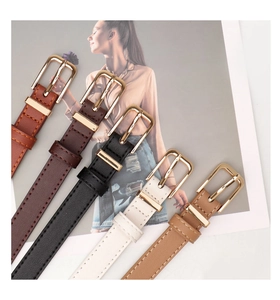 Detailed view of narrow leather belts in five colors with golden pin buckles on magazine