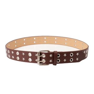 Cintura punk in pelle marrone con doppi occhielli e borchie a stella argento per donna