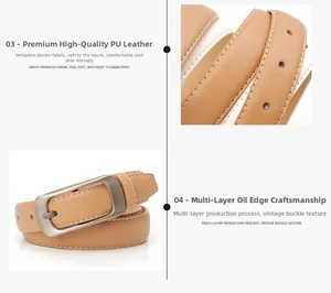 Détail macro de la ceinture en cuir PU camel avec boucle en métal brossé et bord fini
