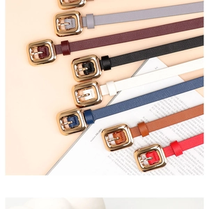 Multiple colors of thin leather belts with square gold buckles and litchi texture