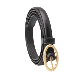 Women's slim black leather belt featuring a golden oval metal buckle and pin closure
