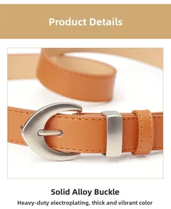 Close-up of brown PU leather belt with matte silver alloy D-ring buckle and stitching