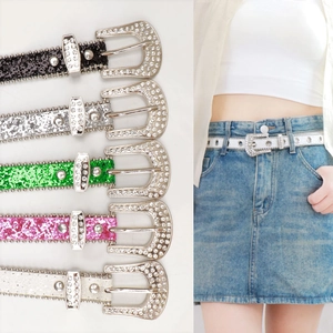 Ceinture en Similicuir à Strass Y2K pour Femme Avec Paillettes Boucle à Ardillon en Alliage Accessoires Punk Rétro