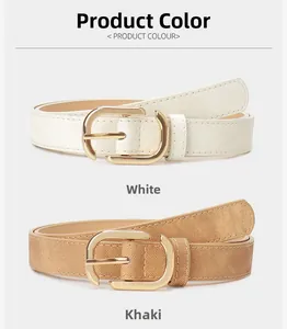 Détail de ceintures en cuir PU blanc et kaki avec boucles dorées en forme de D