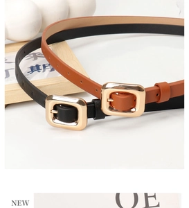 Detail of slim black and brown leather belts with gold square buckles for women