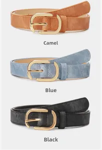 Lot de trois ceintures en cuir PU avec boucle dorée en camel, bleu et noir chic