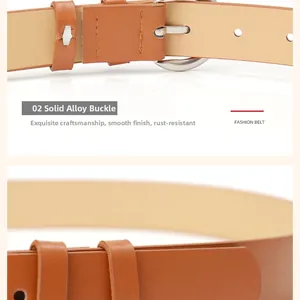 Detail view of brown leather belt with solid silver alloy buckle and stitching