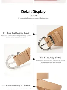 Detail view of the silver alloy pin buckle and textured beige PU leather waist belt