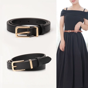 Minimalist women's thin faux leather belt with gold buckle in black and brown