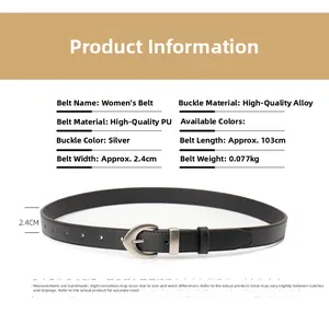 Detail showing women's black PU belt with silver heart buckle and size measurements