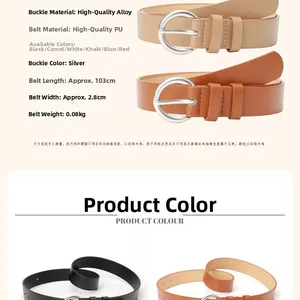 Close-up of alloy pin buckles and PU leather texture on various colored women's belts