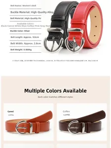 Close-up of classic PU leather belts in multiple colors with sleek silver alloy buckles